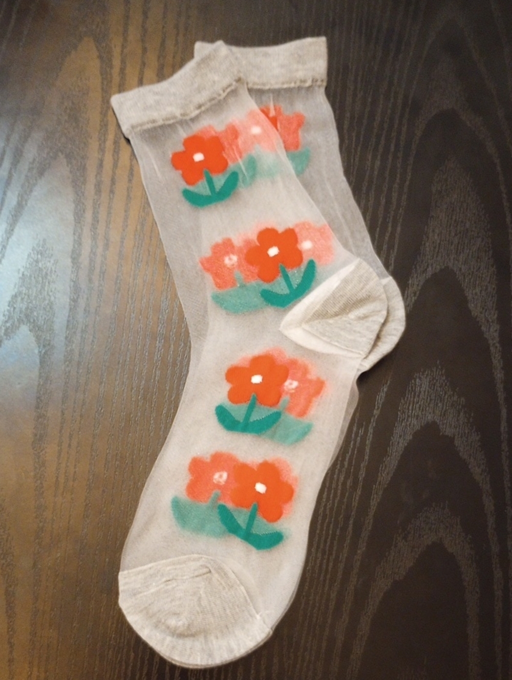 Sheer Lace Gray Socks Reddish Floral Print Summer Mid-calf Socks Cottagecore